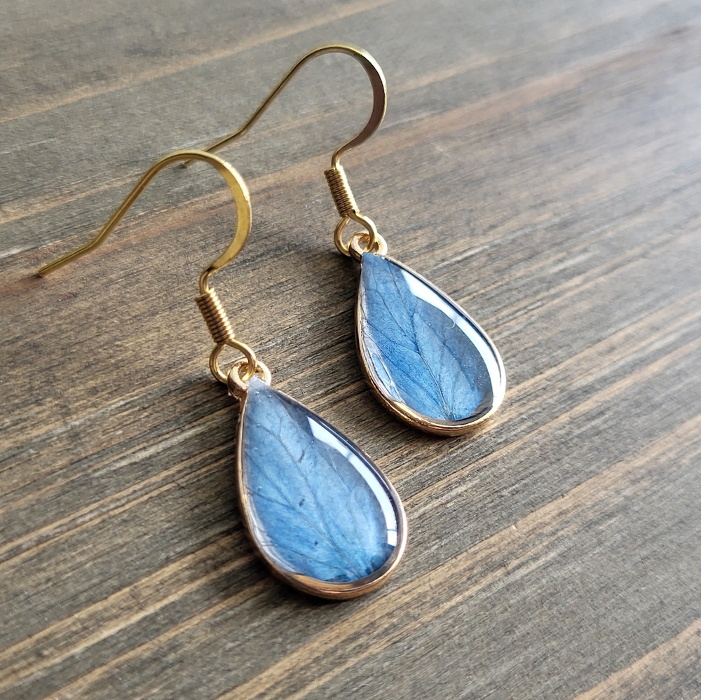 Petite Blue Hydrangea Petal Teardrop Earrings- Handmade Earrings- Resin Dangled